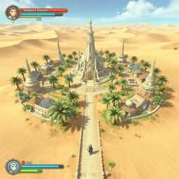 an isolated inhabited religious warrior village with pale colored spiritual sacred alien architecture in the lush oasis of a vast sand desert, 3 rd person game, screenshot, gameplay, walkthrough, square enix, jrpg, cutscene, unreal engine, 4 k, rtx, next gen, tech demo