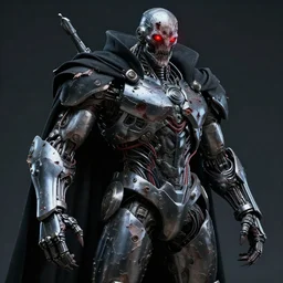 mecha wearing black cloak chrome internals wiring harness armored damaged. glowing red eye bright. muscular thick arms. creepy decay style of Roger Deakins Jeremy Saulnier Newton Thomas Sigel Robert Elswit Greig Fraser trending rtx on ue4