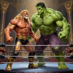 hulk hogan verses ultimate warrior in a wrestling ring, deep focus, d & d, fantasy, intricate, elegant, highly detailed, digital painting, artstation, concept art, matte, sharp focus, illustration, hearthstone, art by artgerm and greg rutkowski and alphonse mucha