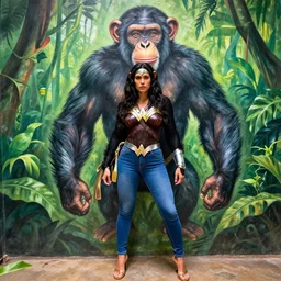 Wonder Woman as a chimpanzee, wearing Tight Fighting Blue Jeans, stands in front of a giant Congo jungle wall mural  painted on the wall behind her, photographed in the style of Annie Leibovitz, photorealistic