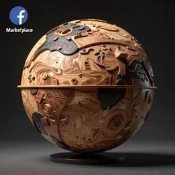 an abstract sculpture of a planet made of timber and rubber by william bonnar and edwin g. lucas for sale on facebook marketplace and zbrush