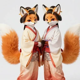 two playful anthropomorphic edo period japanese fox geisha, long tail, fursuit, cosplay, trending on instagram, photography, sigma 8 5 mm f / 1. 4, studio lighting