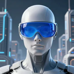techno god wearing a blue glass eye visor surrounded by futuristic city, high tech, blue light, ultra detailed, intricate, digital art, 4 k, golden ratio,