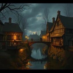 warm tavern seen from the outside, middle age, river crossed by a bridge next to the tavern, crepuscular light, trending on artstation