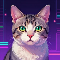 detailed portrait of a cat, synthwave, retrowave, cyberpunk, illustration by jordan grimmer and greg rutkowski, trending on artstation