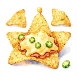 watercolor nachos with cheese and jalapeno illustrations, white background, drawing, cartoon, in the style of shyama golden
