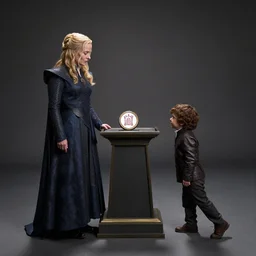 cersei lannister beats tyrion lannister at hitting the family feud faceoff podium button because tyrion is too short, set photo, photorealistic, getty images, wide angle, studio lighting