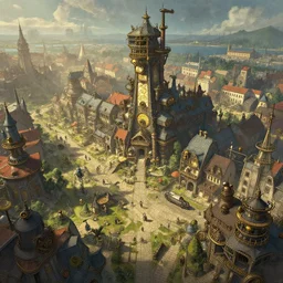 aerial shot of steampunk town in the style of greg rutkowski, artgerm and alphonse mucha, trending on artstation, hyper realistic master piece