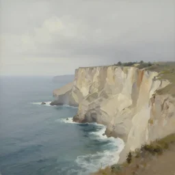 an ocean cliff, gray skies, aesthetic, oil painting, pale colors, high detail, 8 k, wide angle, octane render, trending on artstation,