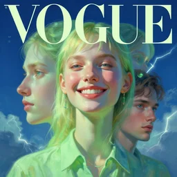 3 d, sci - fi, morning, happy fashion model face, highlights, sun, neon, cinematic, lightning clouds, vogue cover style, poster art, light green and deep blue mood, realistic painting, intricate oil painting, high detail, figurative art, multiple exposure, poster art, 3 d, by tooth wu and wlop and beeple and greg rutkowski