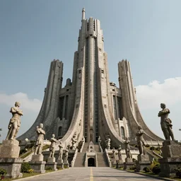 scifi brutalist monumental castle, behemoth standing on a hill, with brutalist statues, photography