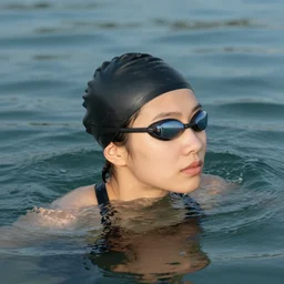 closeup photo of a beautiful girl swimming in a lake