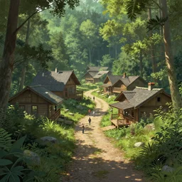 cabin town surrounded by forest, people, path, artstation
