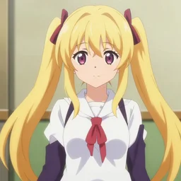 key anime visual of a tsundere with blonde hair and twintails; official media