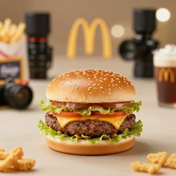 juicy burger from a fast food restaurant, depth of field, food photography, isometric, tasty, mcdonalds, wide shot, studio, bokeh, gmaster, cooking, food, kodak, sony, canon