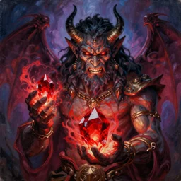 Magalan the Indomitable holding a red glowing crystal radiating with evil energy, d&d, oil painting, detailed, colorful, dark, evil, demon dwarf