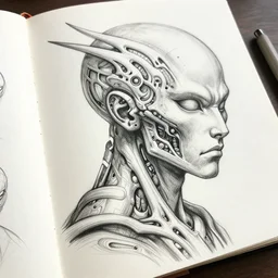 sketchbook pages tribal cyborg samura, magnificent, close up, details, sharp focus, elegant, highly detailed, illustration, by jordan grimmer and greg rutkowski, intricate, beautiful, trending artstation, pixiv, digital art