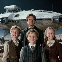 extra sharp, detailed, film from a blockbuster sci fi 8 k color movie, set in 1 8 6 0, family standing in front of a crashed spaceship, on alien planet, looking happy, wearing 1 8 5 0 s era clothes, atmospheric lighting, in focus, reflective eyes, 3 5 mm macro lens, live action, nice composition, good photography, clear facial details