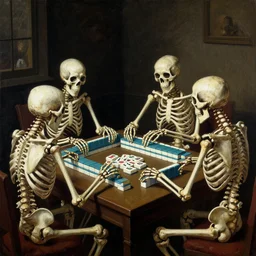 skeletons playing riichi mahjong by beksinski, dark canvas, in the style of edward hopper rodcenko yue minjun caravaggio, intricate details, hard shadows, artstation
