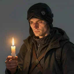 an adventurer wearing a black sleeping cap and holding a candle, portrait, d & d, science fiction, concept art, matte, sharp focus, illustration, concept art,