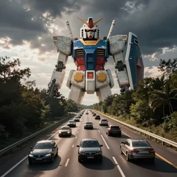 cars on the freeway with a gundam in the background, simon stalenhag, norman rockwell,