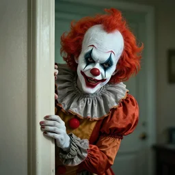 creepy clown peering round a doorway, highly detailed, 8 k, hdr, smooth, sharp focus, high resolution, award - winning photo