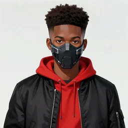anime character design, deviantart, portrait of anime black man with a high top fade afro, wearing a cyberpunk mask, with a red hoodie, wearing a black bomber jacket over the red hoodie, vibrant colors, ( ( ( koi colors ) ) ), octane render, jesper ejsing, james jean, justin gerard, tomasz alen kopera, cgsociety, fenghua zhong