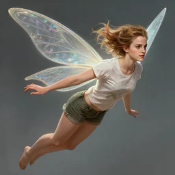 a photo of emma watson as celestial flying fairy in a t - shirt and shorts, fantasy, intricate, beautiful, highly detailed, digital painting, artstation, concept art, smooth, high resolution, sharp focus, illustration