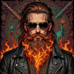 detailed hipster skinny man with sunglasses, long beard with fires, dmt, by james gurney + intricate and vibrant work + portrait + trending on artstation + incredible gothic illustration + exquisite detail