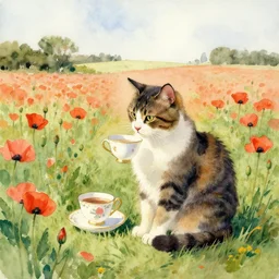 inkwash watercolour louis wain cat drinking tea at poppy field, landscape watercolour