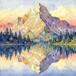 a beautiful insanely intricate watercolor painting of a mountain, reflexions, colorfull, by william turner art, by greg rutkowski, by alphonse mucha, by james jean, by rossdraws, by frank franzzeta, by sakimichan, trending on artstation, insanely detailed, masterpiece,