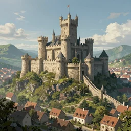 A medieval castle on hills with a city below it, digital art, realistic, trending on artstation