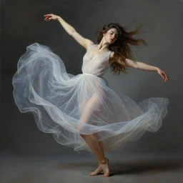 painting of a beautiful woman with her translucent dress blowing in the wind, modern dancing, highly detailed, by nicolas delort, surreal, dramatic lighting