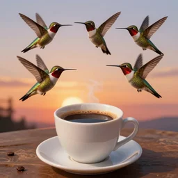 portrait of morning coffee, epic sunrise, three hummingbirds hovering around a fresh cup of coffee by peter mohrbacher, allen williams, wayne barlowe, boris vallejo, aaron horkey, gaston bussiere,