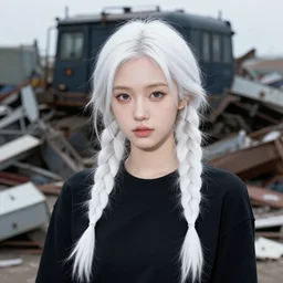 8 5 mm young woman portrait, scrapyard, braided white hair, clothing, id magazine, epic scene, vibrant colours, dynamic lighting, intricate illustration, detailed, sharp focus, photoreal, 8 k