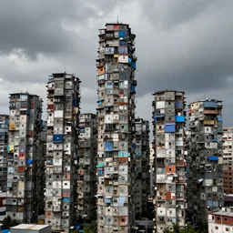 many high towers, made up of makeshift squatter shacks with bleached colours, dystopia, hasselblad x 1 d, moody sky at the back, fully frontal view, very detailed, ultra sharp, photographed by trent parke