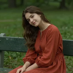 headshot of a young woman sitting on a bench half turned to the viewer, tired face, almost smiling, young , long dress, Pre-Raphaelite, 4k, cinematic, trending on art station, waiting, green and red shades