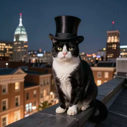 Tuxedo Cat in a top hat on a rooftop in Philadelphia at night