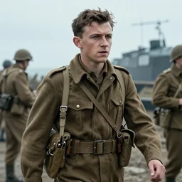 tom holland as a british ww 2 soldier during the battle of dunkirk, highly detailed, cinematic lighting, photorealistic