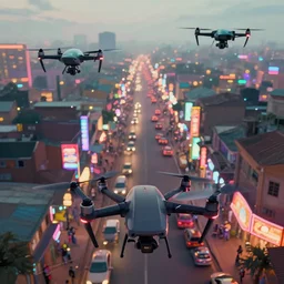 3 d vfx art of flying drones above a bustling - neon lit - ajegunle street in nigeria, cinestill 8 0 0 t photograph, unreal engine render, digital illustration, illustration style by mike winkelmann, sharp, intricate detail, volumetric light, ray tracing, soft light, colourful, surreal environment, wide angle first person view,