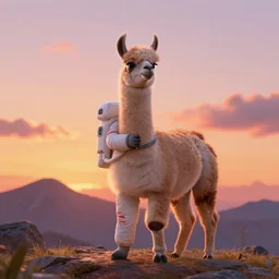 llama as an astronaut, sunset, mountain, disney pixar