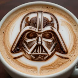 a photo of coffee art depicting darth vader's helmet outlined in the foam