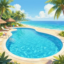 a beautiful detailed digital artwork of a swimming pool in paradise