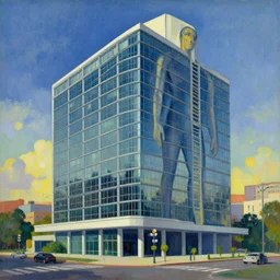 artwork of a building, with a large visible humanoid and a visible scenery in the style of sidney nolan,