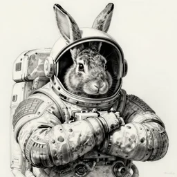 rabbit!!! jim lee!!! medium shot!! flat grayscale ink sketch by jim lee close up in the style of jim lee, depressed dramatic bicep pose, astronaut spacesuit helmet borderlands hulk rabbit animal by jim lee