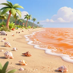 a beach, the water is orange color, seashells are all over the sand, palm trees, coconut trees,, 3 d render, pixar animation, ultra detailed
