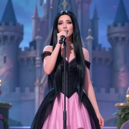 Full body Portrait of a beautiful songtress, black and pink dress, long black hair, straight hair, dark Blue eyes, singing for you, castle background, extremely detailed face, high fantasy, magic music, dungeons and dragons, important: No extra arms or hands, no extra characters, solitary, blizzard entertainment, industrial light and magic, pixar, matte painting, mucha, trending on Artstation, artstationHD, artstationHQ, octane, cgsociety, HD, 16K