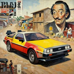 a red and yellow delorean in ajegunle slums of lagos in nigeria, painting by hsiao - ron cheng & salvador dali, magazine collage & ukiyo - e style, masterpiece.