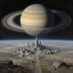a gorgeous bleak and desolate sci - fi painting by john harris. beyond the horizon, huge saturn ring!! the low earth orbit space city under war. ultra clear detailed. 3 d, octane render. 8 k