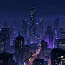 detailed landscape of a dystopian cyberpunk city at night. wallpaper. dark blue and purple color palette. hd. artstation.